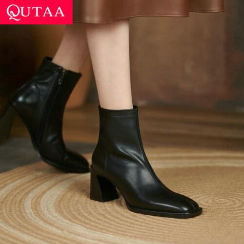 QUTAA 2022 Women Fashion Ankle Boots Round Toe Women Shoes Leather Zipper Ladies Square High Heel Motorcycle Boots Size 34-42