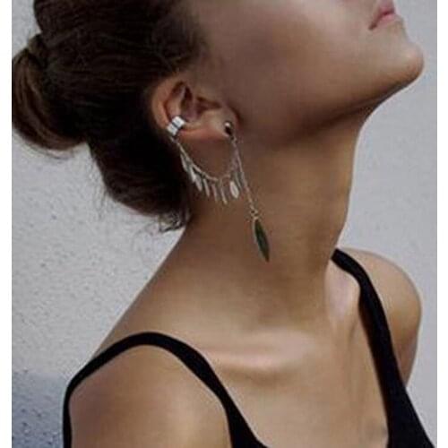 1 Pc New Fashion Women Girl Punk Rock Leaf Chain Tassel Dangle Cuff Earrings Charms Metallic Wrap Ear Cuff Earrings