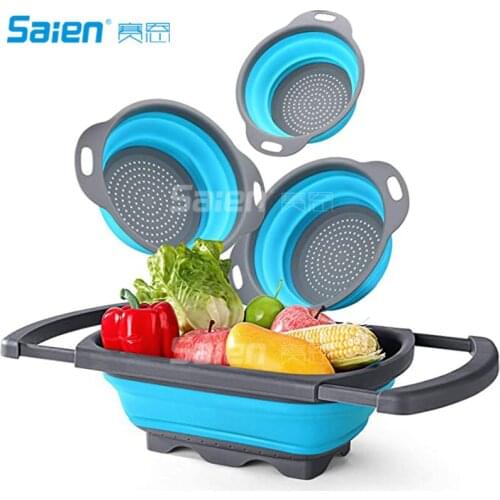 Silicone Collapsible Colander Set of 11-Includes 1pc 6 Quart Over the Sink Colander, 2pc 4 Quart Round Foldable Colander Straine