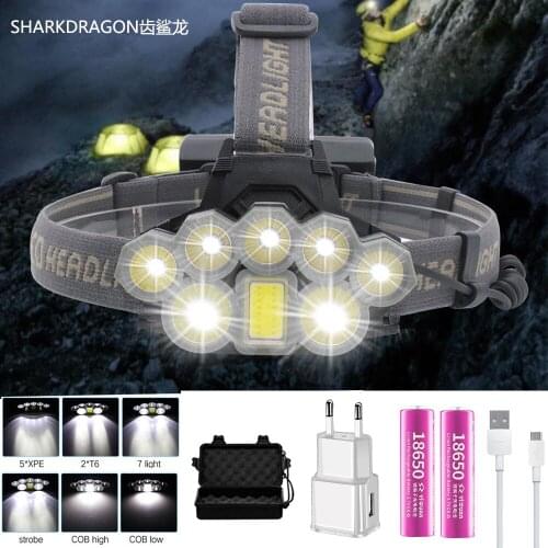 Super bright headlights 2*T6+5*Q5+1*COB LED Head Lamp USB rechargeable Waterproof camping headlamp Flashlight use 18650 Battery