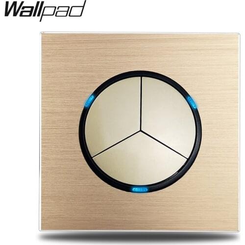 Wallpad Gold L6 3 Gang Triple Light Switch 1 Way 2 Way Brushed Gold Aluminum Metal Plate Push Return Button Blue LED Indicator