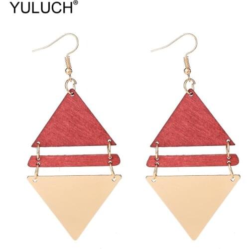 YULUCH 2019 Ethnic African Indian Triangle Pom Pom Long Dangle Earrings Fashion Jewelry Women Gold Metal Red Wood Drop Earrings