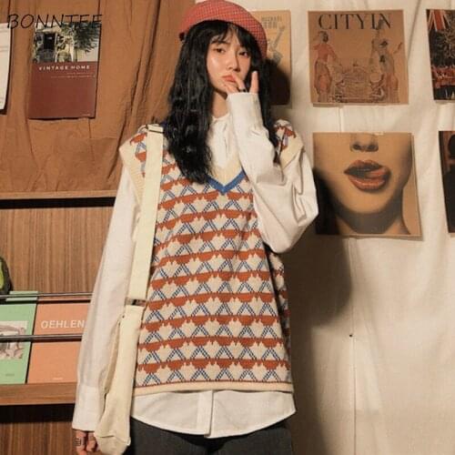 Women Sets 2 Piece Loose Sweet Solid Long Sleeve Simple Turn-down Collar Shirts Knitting Stylish Sweater Vest Student Ins Chic