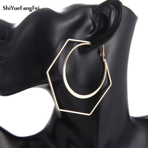 Fashion Large Simple Hanging Earrings Metal Geometric Gold Double Hexagonal Pendant Earrings Ladies Jewelry Ear Jewelry