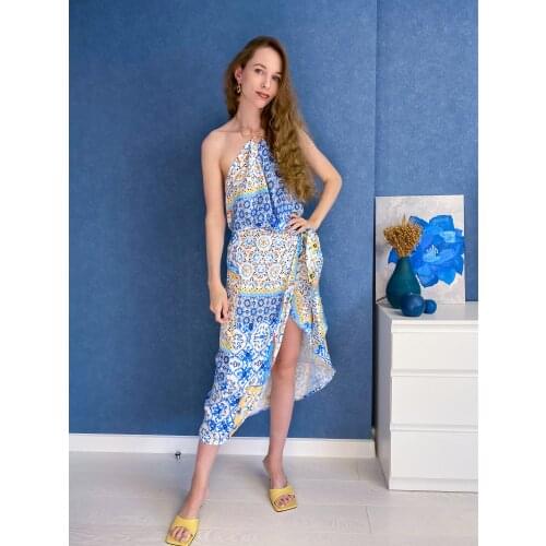 XEASY 2021 New Summer Women Two Piece Set Vintage Casual Bohemia Print Slim Chain Halter Female High Waist Tie Split Skirt Set