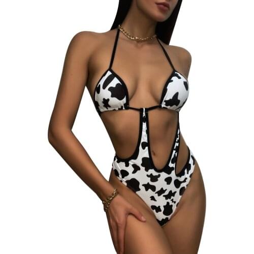 Meihuida Women’s Sexy Halter One-piece Bikini Fashion Cow Pattern Backless Lace-Up Irregular Tight Swimsuit
