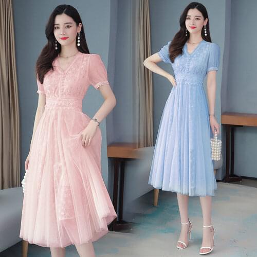 French Style Elegant Plus Size Womens Net Yarn Dress 2021 Summer New Fashion V-neck Waist Short Sleeve Ladies Dress aq1266