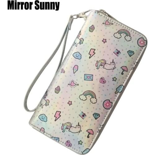 Shiny PU Leather Zipper Wallet For Women Cartoon Printing Wristband Long Purse Large Capacity Female Clutch Wallet Coin Purse