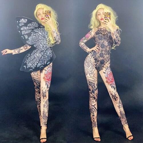 Black Full Diamond Butterfly Tattoo Jumpsuit Nightclub Bar Singer DJ DS Costume Stage Show Outfit Women Rave Clothes DNV13444