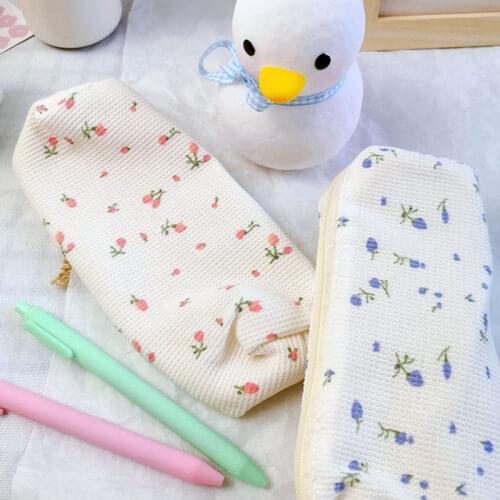 Ins Color Little Flowers Pencil Bag Simple Style Cotton Large Capacity Girl Student Stationery Storage Bag Cute School Supplies
