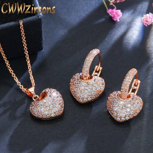 CWWZircons Micro Pave Cubic Zirconia Rose Gold Color Heart Hoop Earrings And Necklace Famous Brand Jewelry Sets For Women T082