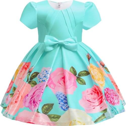 Childrens Clothing 2021 New Short-sleeve Satin Printing Little Girl Princess Dresses For Girls Bowknot Dresses Evening Dresses