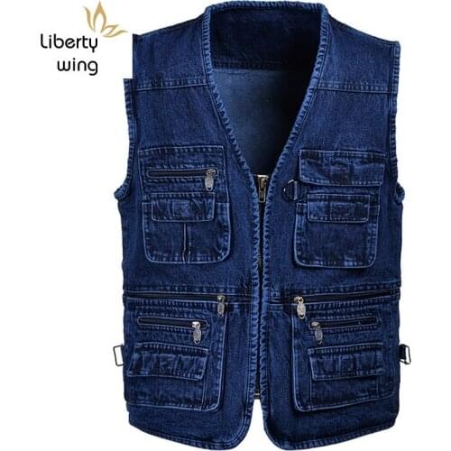 Spring Man 5XL Male Plus Size Jeans Men Multi Pocket Photography Mens Denim Vest Sleeveless Jacket Colete