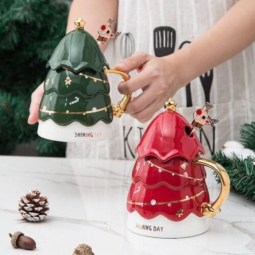 European Christmas Tree Milk Coffee Ceramic Cup With Cover And Spoon Is The Best Christmas Gift For Friends And Friends