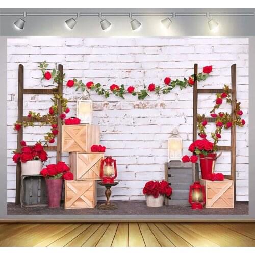 Red Rose Brick Wall Wood Boxes Stepladder Newborn Baby Shower Backdrops Photography Kids 1st Birthday Portrait Photo Background