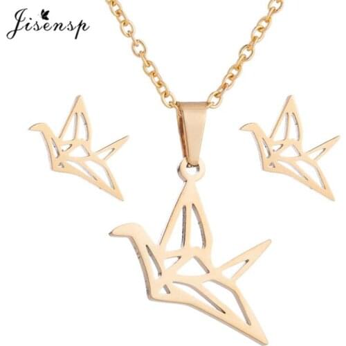 Jisensp Stainless Steel Animal Charm Necklace Pendant Exquisite Origami Thousand Paper Crane Elegant Jewelry Set for Women Girls