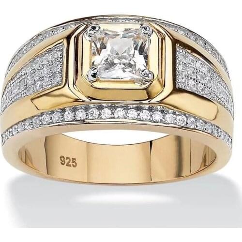 Classic Mens Gold Plated Color Ring Domineering Square Cut White Zircon Wedding Business Finger Ring Male Fashion Jewelry