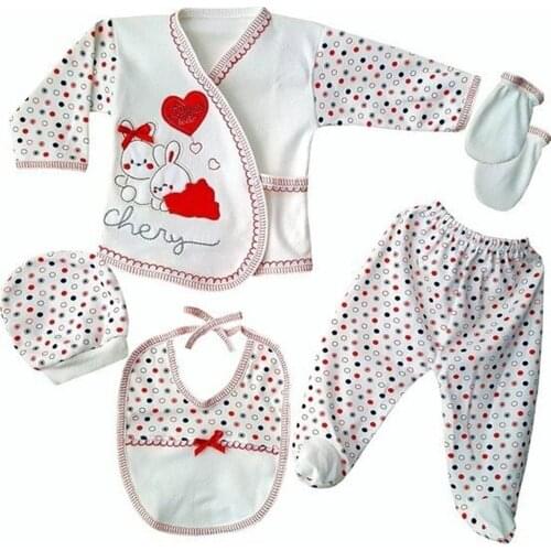 Newborn Baby Boys Girls Clothing Sets Tops Pants Bib Hat Gloves Printed Outfit Set Newborn Suit Gift 5 Piece