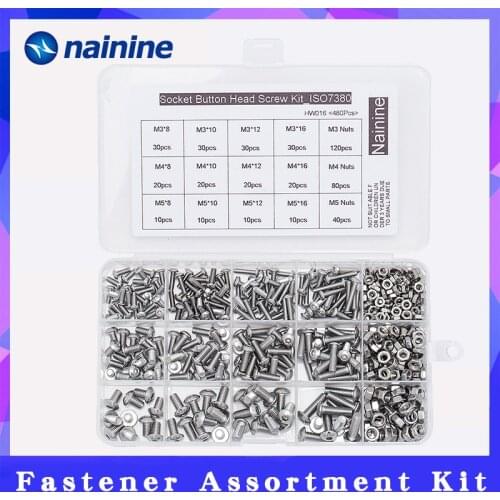 480Pcs/set M3 M4 M5 ISO7380 GB70.2 304 Stainless Steel A2 Round Head Screws Mushroom Hexagon Socket Button Head Screws Kit HW016
