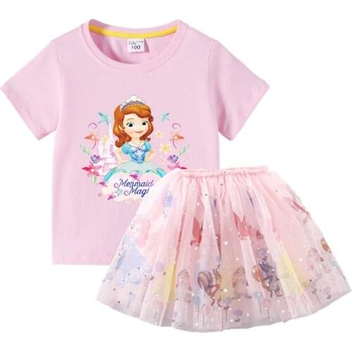 Summer Little Girls Clothing Sofia Princess Shirt&mesh Skirt Two Piece Suit Pretty Kids Clothes Korean Childrens Outfits Set