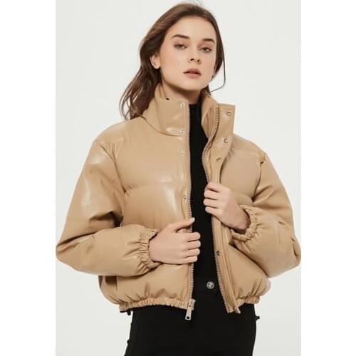 Trendy Short Parka Women Quilted Padded Faux Pu Leather Bubble Jacket Female Latex Puffer Puffy Coat Stand Collar Fashion Winter