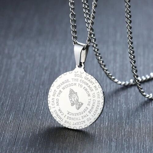 Bible Verse Prayer Necklace Medallion Christian Jewelry Stainless Steel Lords Prayer Praying Hands Padre Nuestro Collar