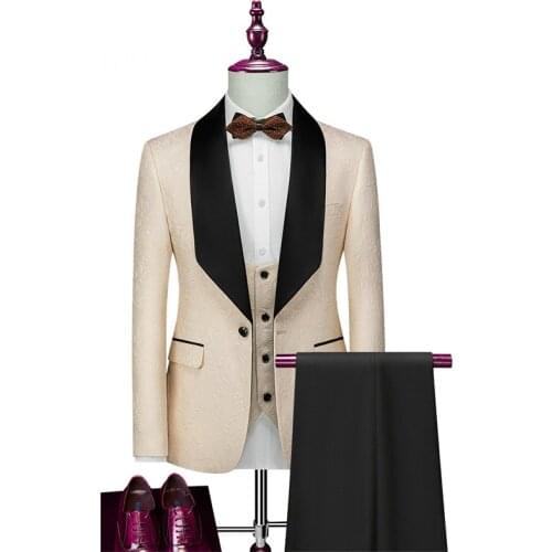 New Arrival Champagne Floral Costume Homme Men Suits Slim Fit Tuxedo Wedding Groom Wear Terno Masculino Party Blazer 3 Pieces