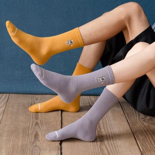 New Autumn Winter Couples Cotton Sock Solid Color INS Tide Embroidered Astronaut Cartoon Mid Tube Socks Fashion Casual Sport Sox