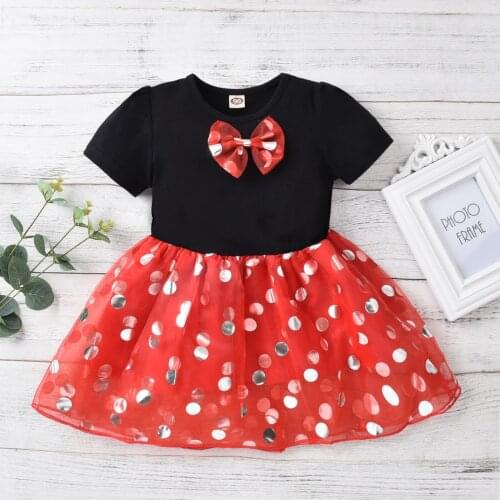 Newest arrival Girl’s Casual Short Sleeve Dress Fashion Bow Dot Mesh Yarn Stitching A-line Mid-length Dress for Summer