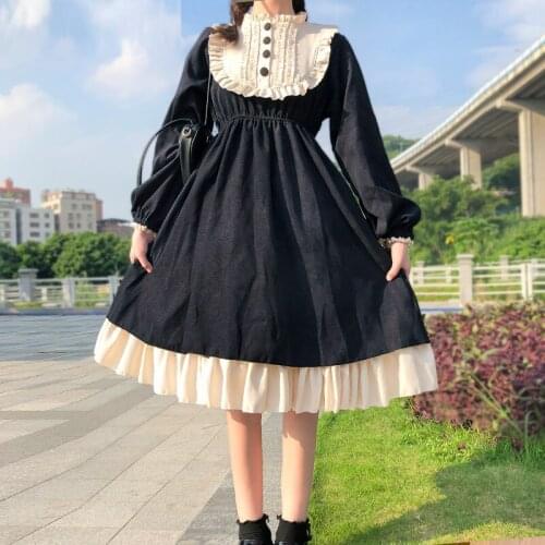 Autumn New Japanese Lolita Lolita Sweet High Waist Slim Ruffles Op Long-Sleeved Dress Women kawaii clothing sweet lolita dress