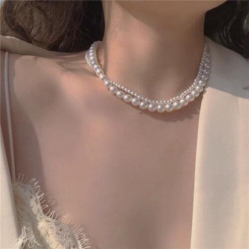 Vintage Simple Double Layer Elegant White Imitation Pearl Choker Necklaces for Women Wedding Minimalist Jewelry