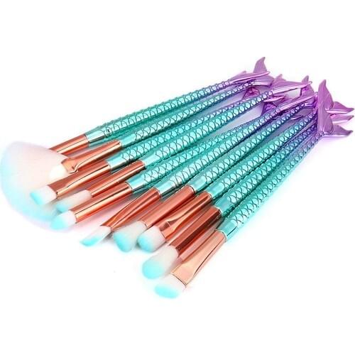 Profisher 10 Lu Set Blue Mermaid Makeup Thin Brush Set Beauty Cosmetic Equipment
