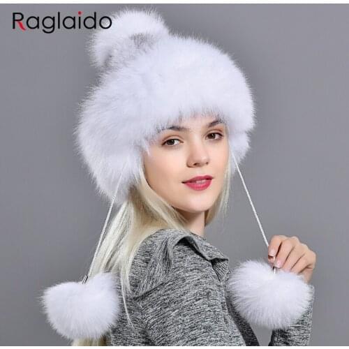 Fur Hat Women Mink Knitted Fox Pompom A Winter Hat Girls Natural Fur Warm Fluffy Headgear Stylish Fashionable Female Fur Cap
