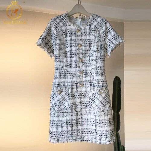 SMTHMA New Arrival Winter Runway Short Sleeve Plaid Tweed Dress Autumn Chic Women Elegant Vintage Casual Woolen Dresses Vestido
