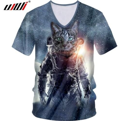 UJWI 3D Tee Shirt Printing Starry Sky Astronaut Cat Streetwear Clothing Men Spring Tshirt 5XL T-shirt Male Deep V-neck Fit Funny