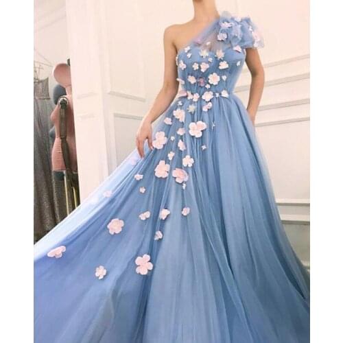 One Shoulder Prom Dresses 2020 A-Line 3D Flowers Elegant Formal Evening Gown Tulle Special Occasion Vestido robe de soiree gala