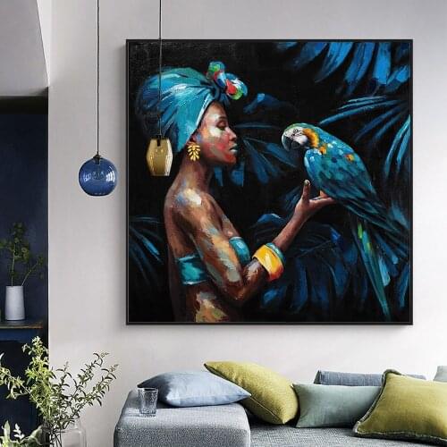 Modern Decoration Paintings African Woman Play Parrot Canvas Prints Wall Art Abstract Pictures for Living Room Interior Decor