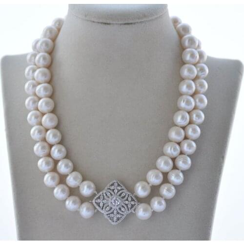 Z10908 2Row 18" 13mm White Round Freshwater Pearl Necklace CZ
