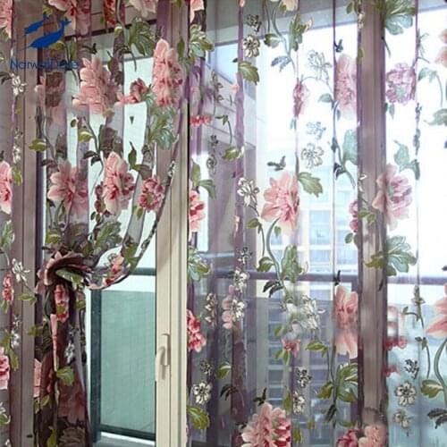 Romantic Peony Floral Beaded Polyester Tulle Curtain for Living Room Translucent Home Backdrop Curtain Window Curtain