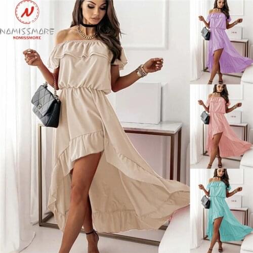 Sexy Women Summer Solid Color Dress for Streetwear Irregular Design Ruffles Decor Slash Neck Short Sleeve Mid Waist Slim Dress