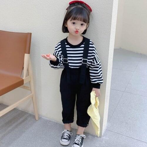 Winter Girl Dungarees Childrens Girl JumpSuit Striped Fleece Suspenders 2-Piece Suit 2021 Spring New Autumn Clothing Pantsuit