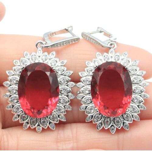 48x27mm Amazing Big Jewelry Set 18g Created Pink Raspberry Rhodolite Garnet CZ For Sister Dating Silver Earrings Pendant
