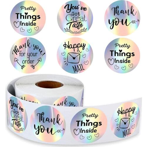 500Pcs Rainbow Laser Thank You Stickers Seal Labels 1.5inch Silver Paper Decoration Sticker Roll Adhesive Shipping Mail Labels