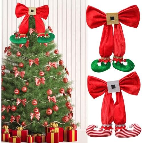 Behogar Christmas Tree Topper Decoration Bow Elf Boots Pendant Hanging Ornament for Home Office Holiday Xmas Party Decor