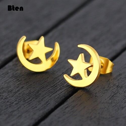 Bten 2021 Fashion Stainless Steel Earrings For Women Creative Star Moon Vintage Stud Ear Jewelry Girl Birthday Gift