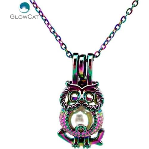 C722 COLORS owl Beads Cage Necklace Pendant Aroma Essential Oil Diffuser Locket Necklace
