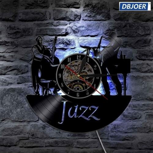 Jazz Instrument Vinyl Clock Wall Light Led Vintage Record Handmade Gift Lamp Cool Living Room Interior Silhouette Decor