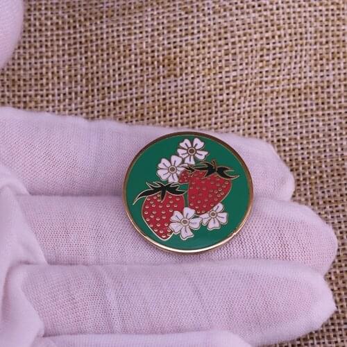 Strawberry And flowers Enamel Pin Round Blackish Green Brooch For Sweater Scarf Lapel Badge