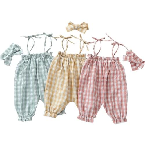 Infant Newborn Baby Girls Plaid Jumpsuits Strap Sleeveless Romper Sleeveless Summer Sunsuit With Headaband 2Pcs Set