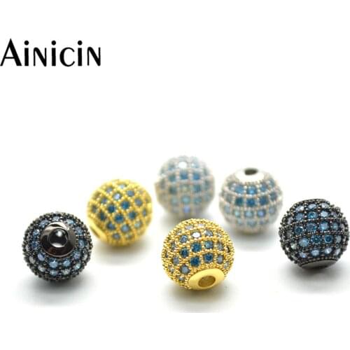 5pcs Aquamarin Zircon Cubic Setting 8~12mm CZ Disco Ball Round Beads For Luxury Jewelry Making Findings